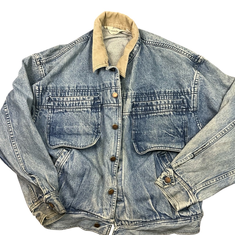 Men's Washed Light Blue Denim Jacket with Tan Corduroy Collar